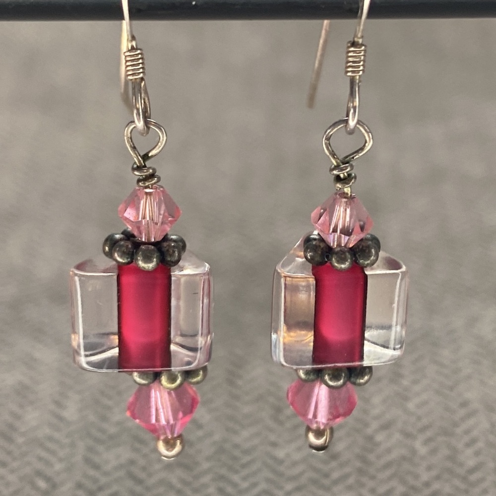 Cane glass Earrings Mauve pink Swarovski crystal dangle